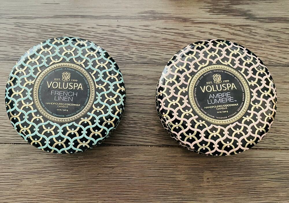 Voluspa 3 Wick Candle Lot of 2 Mixed Scents Decorative Tin 12 oz New Unused